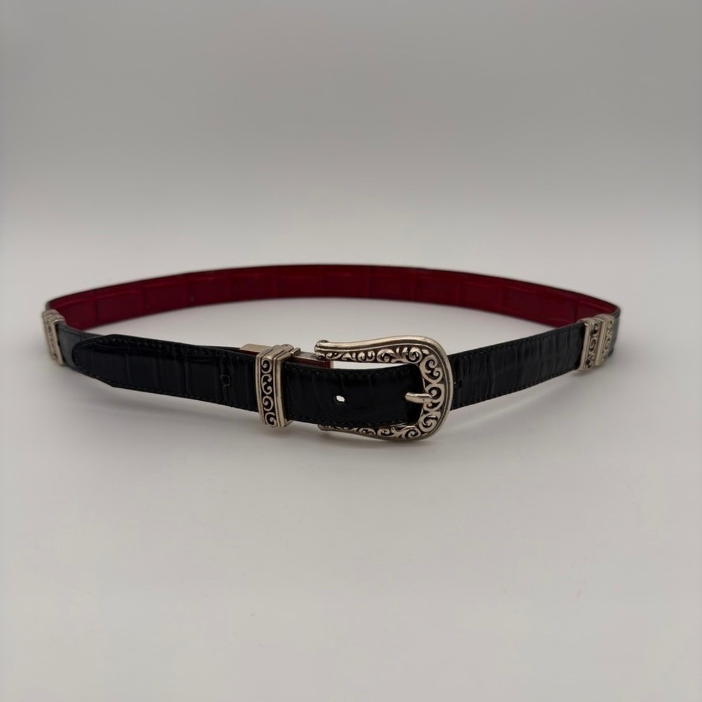 Reversible Black Red Croc Embossed Leather Western Belt Sz 32 Silver Buckle